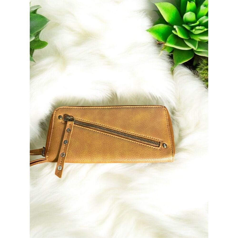 Free People Distressed Tan Color Vegan Leather Full Zip Wallet Wristlet Clutch